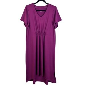 Cuddl Duds Medium Purple V Neck Short Sleeve Gathered Waist Maxi Dress (N622)